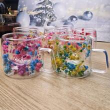 1 pièce Mug double paroi 200 ml, tasse à fleurs séchées, tasse à café, tasse à thé au lait, tasse à Américano glacé, verre, résistant à la chaleur, verre transparent en borosilicate haute qualité. Grand design floral, sensation de main confortable. Convient pour une utilisation en hiver et en été. Excellent cadeau pour un couple, un ami, la famille, un anniversaire, des vacances, des accessoires de cuisine - Transparent - Voir 2