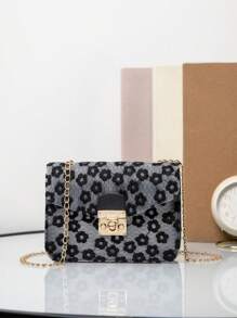 Fashionable Floral Mini Square Bag With Chain Strap And Lock Buckle, Shoulder & Cross-Body Bag - Black - View 1
