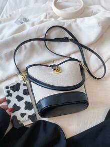 Mini bolso de mano de moda tipo balde de lona y PU para mujer, primavera/verano, varios estilos: bolso de mano/bolso de hombro/bandolera - Negro - Ver 3