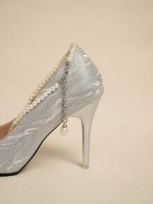 黑色尖頭高跟涼鞋，2014法式風格搭配鞋和裙子 - 銀色 - 查看 4