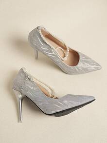 黑色尖頭高跟涼鞋，2014法式風格搭配鞋和裙子 - 銀色 - 查看 6