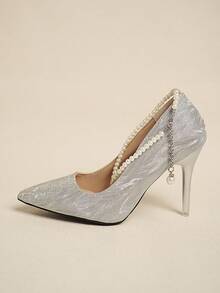 黑色尖頭高跟涼鞋，2014法式風格搭配鞋和裙子 - 銀色 - 查看 2