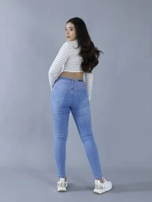 FINTI Jeans ajustados de talle alto y bolsillos. Pantalones skinny para mujer, vístete cómoda y con estilo - Azul lavado medio - Ver 4