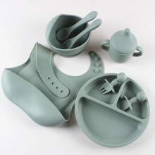 8pcs/Set Baby Silicone Dinnerware Set, Including Feeding Plate, Bowl, Bib, Pacifier Cup, Spoon, Fork And Complimentary Food Set - Army Green - View 3