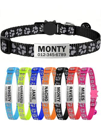 Customized Reflective Personalized Cat Collar, With Detachable Safety Buckle, Bell And Paw Print, Suitable For Small And Medium Male And Female Cats Ornamental,Engraved,Stainless Stylish,Fashion,Colorful,Vintage,Cute,Contracted,Cuties Custom,Unique,Customized,Personalized Pet For Anniversaries,For Birthdays
