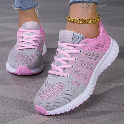 Frauen Outdoor Laufschuhe, atmungsaktive Mesh Sportschuhe, rutschfeste Freizeitschuhe, stylische rosa Einlagen, zufällige schwarze und rosa Farben
