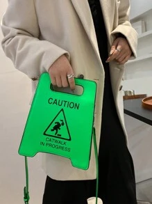 Warning Sign Design Novelty Bag, Faux Leather Crossbody Bag, Creative Stop Sign Purse For Women