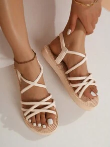 Women Flat Sandals, Faux Suede Strap Decoration Weave Bottom Holiday Leisure Simple Summer Black Satin Flat Heel Sandals, Cross-Tied Straps With Knot Design - Beige - View 6