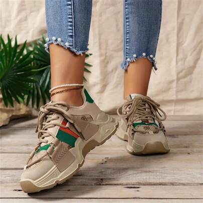 Sneakers sportive per le donne, sneakers chunky con logo lettere e lacci davanti