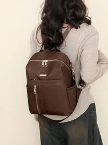 Ladies Simple Nylon Backpack With Large Capacity, Casual And Versatile Shoulder Bag For Students - Brown - View 2