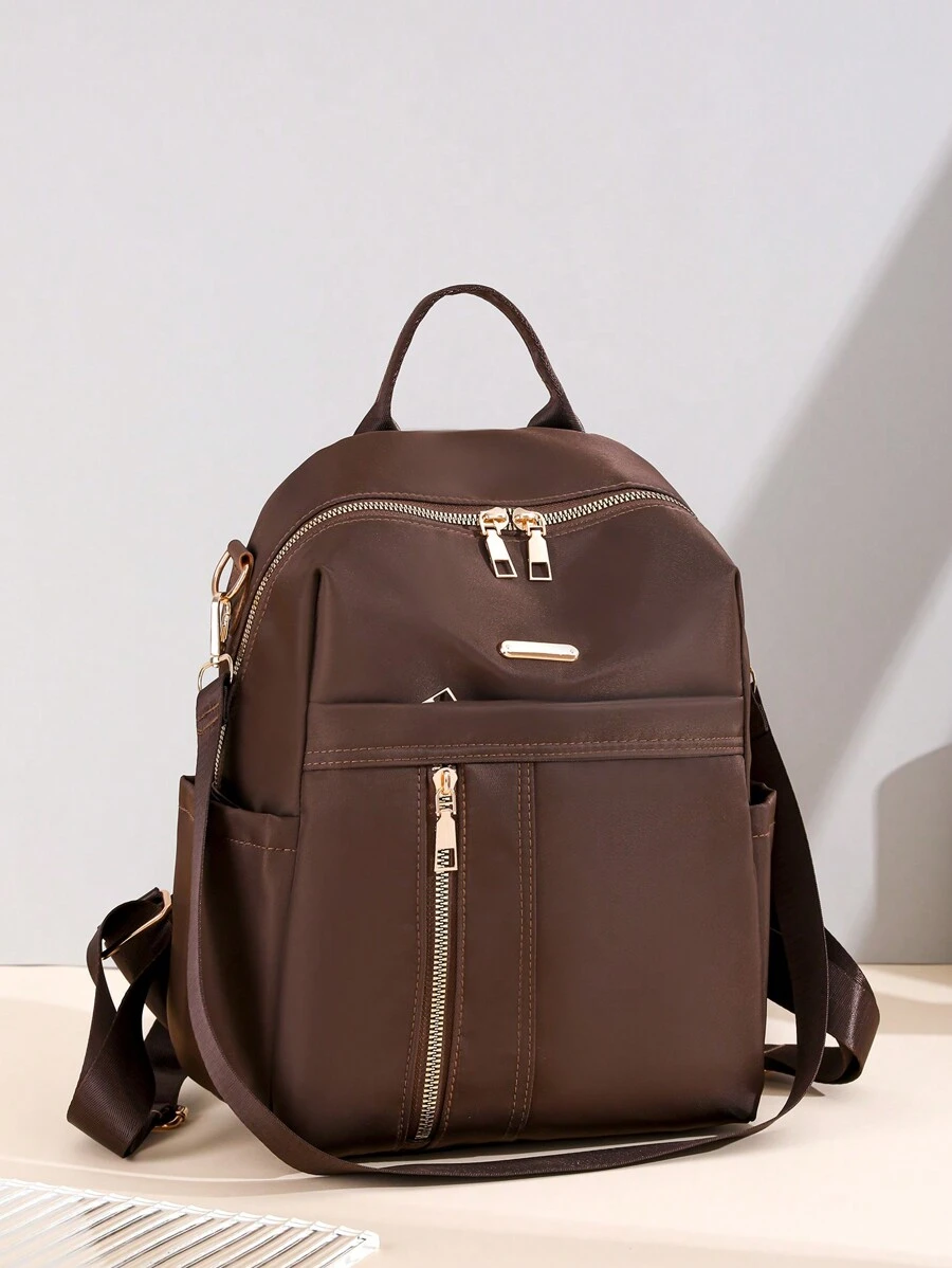 Ladies Simple Nylon Backpack With Large Capacity, Casual And Versatile Shoulder Bag For Students - Brown - View 1