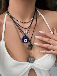 5 件/套女士创意波西米亚风格和嬉皮士首饰套装，带花卉盘、不对称水晶、子弹头、眼睛形状吊坠彩色串珠项链 - 串珠 - 查看 3