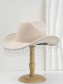 1pc Solid Color Unique Personality Sparkling Rhinestone Tassel Hat, With Shewee Cowgirl Hat, Suitable For Girlcore, Vintage, Floral, Spring Summer Bright Colors, Pink Aesthetic, Novel Punk Style Wide Brim BR Street Fashion, 2024 Wedding Essentials, Classy Aesthetic, Dinner Party Essentials, Suitable For Parties, Western-Themed Events, Gatherings, Engagement Parties, Cosplay, Graduation Ceremonies, Masquerades, Festivals, Weddings, Birthday Celebrations, Music Festivals, Coming-Of-Age Ceremonies Halloween