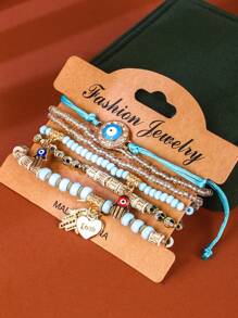 6pcs/Set Bohemian Multielem Pendant Bracelet With Evil Eye, Heart, Love Beads, Elegant & Graceful Gift For Women On Valentine's Day