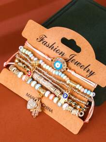 6pcs/Set Bohemian Multielem Pendant Bracelet With Evil Eye, Heart, Love Beads, Elegant & Graceful Gift For Women On Valentine's Day