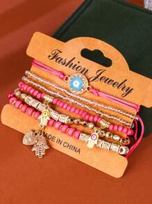 6pcs/Set Bohemian Multielem Pendant Bracelet With Evil Eye, Heart, Love Beads, Elegant & Graceful Gift For Women On Valentine's Day
