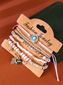6pcs/Set Bohemian Multielem Pendant Bracelet With Evil Eye, Heart, Love Beads, Elegant & Graceful Gift For Women On Valentine's Day