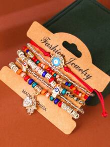6pcs/Set Bohemian Multielem Pendant Bracelet With Evil Eye, Heart, Love Beads, Elegant & Graceful Gift For Women On Valentine's Day