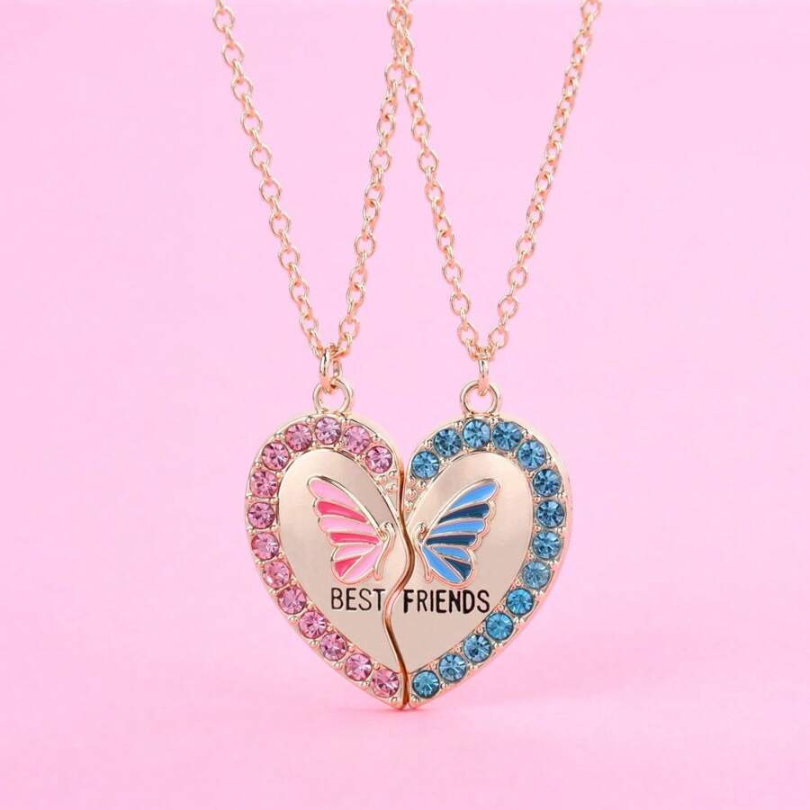 2 pièces/ensemble Collier pendentif cœur papillon mignon pour filles. Colliers d'amitié BFF. Bijoux d'amis les meilleurs. Cadeau pour la Saint-Valentin, maman, mère, Fête des mères