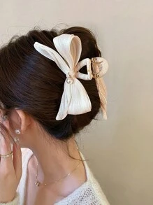 Boho 1pc Beige Faux Pearl Decorated Scrunchie Hair Claw Clip, Suitable For Thick Hair And Chignon Style, Elegant And Suitable For Everyday Wear, Travel And Gatherings Bowknot Valentine's Day Valentines Hair Clips Hair Jaw Clip Hair Clamps Hair Clutch Hair Catcher Clip, Casual Fall Winter Hair Accessories For Women Bows For Vacation Outfits Woman