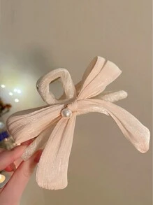 Boho 1pc Beige Faux Pearl Decorated Scrunchie Hair Claw Clip, Suitable For Thick Hair And Chignon Style, Elegant And Suitable For Everyday Wear, Travel And Gatherings Bowknot Valentine's Day Valentines Hair Clips Hair Jaw Clip Hair Clamps Hair Clutch Hair Catcher Clip, Casual Fall Winter Hair Accessories For Women Bows For Vacation Outfits Woman