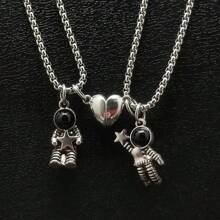 Conjunto de 2 collares magnéticos de pareja de astronautas, collar de cadena de cuello plateado creativo retro unisex de astronauta, joyería de moda hip-hop - Plateado - Ver 15