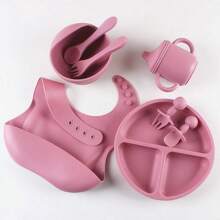 Set di stoviglie per bambini in silicone da 8 pezzi, include piatto da alimentazione, ciotola, bavaglino, ciuccio, tazza, cucchiaio, forchetta e set di cibo supplementare.