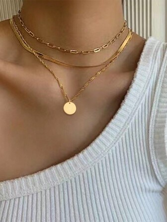 3pcs/Set Stainless Steel Flat Blade Chain Necklace With Layered Circle Pendant, Golden Square Paperclip Design, Suitable For Women Party And Holiday Wear (Random Quantity Of Chain Links)