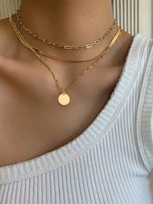 Set de 3 collares de cadena plana de acero inoxidable con colgante de círculo en capas, diseño cuadrado de clip de papel dorado, adecuado para uso en fiestas y vacaciones de las mujeres (cantidad aleatoria de eslabones de cadena)