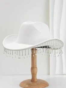 1pc Solid Color Unique Personality Sparkling Rhinestone Tassel Hat, With Shewee Cowgirl Hat, Suitable For Girlcore, Vintage, Floral, Spring Summer Bright Colors, Pink Aesthetic, Novel Punk Style Wide Brim BR Street Fashion, 2024 Wedding Essentials, Classy Aesthetic, Dinner Party Essentials, Suitable For Parties, Western-Themed Events, Gatherings, Engagement Parties, Cosplay, Graduation Ceremonies, Masquerades, Festivals, Weddings, Birthday Celebrations, Music Festivals, Coming-Of-Age Ceremonies Halloween