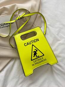 Warning Sign Design Novelty Bag, Faux Leather Crossbody Bag, Creative Stop Sign Purse For Women