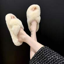 Pantuflas para mujer de casa para mujer con banda cruzada de punta abierta y forro polar de felpa suave, cómodas y antideslizantes. ☆ - Blanco - Ver 5