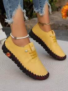 Women's Fashion Casual Everyday Shoes 2024 New Comfortable Soft Sole Stitched Flat Shoes (Suggest Ordering One Size Up)