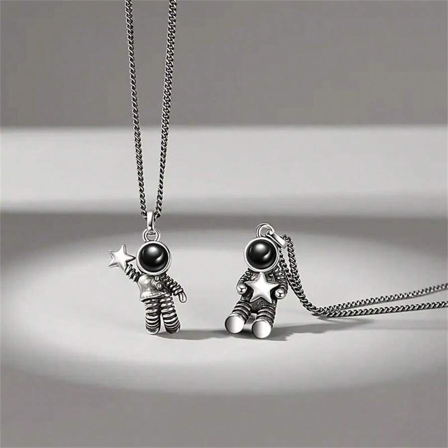 Conjunto de 2 collares magnéticos de pareja de astronautas, collar de cadena de cuello plateado creativo retro unisex de astronauta, joyería de moda hip-hop - Plateado - Ver 1