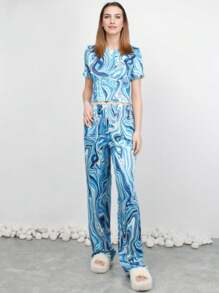 2pcs Women Light Green Knitted Printed Pajama Set, Slim Fit, Thin, Suitable For Home Use In Spring/Summer - Blue - View 4