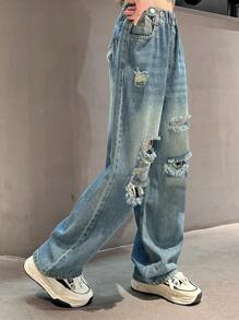 Tween Girl 破洞牛仔喇叭裤春秋款，单件出售 - 藍色 - 查看 4