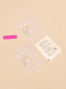 24 件长棺材形按压指甲，白色法式和极光水钻指甲贴，搭配果冻胶 1 件和指甲锉 1 件，可立即提升您的外观，适合各种派对和日常休闲美甲用品 - 彩色 - 查看 3