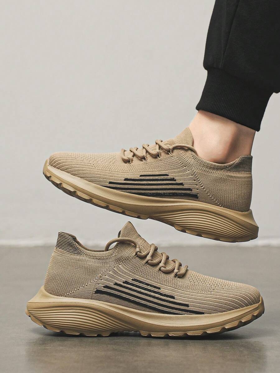 Giày thể thao dệt kim thời trang nam thiết kế sọc & khối màu, kiểu dáng slip-on có dây buộc, giày chạy bộ nhẹ, thoáng khí, thoải mái, thích hợp cho các cặp đôi