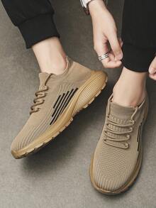 Giày thể thao dệt kim thời trang nam thiết kế sọc & khối màu, kiểu dáng slip-on có dây buộc, giày chạy bộ nhẹ, thoáng khí, thoải mái, thích hợp cho các cặp đôi - Màu Khaki - Xem 9