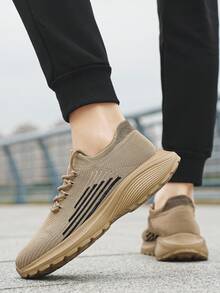 Giày thể thao dệt kim thời trang nam thiết kế sọc & khối màu, kiểu dáng slip-on có dây buộc, giày chạy bộ nhẹ, thoáng khí, thoải mái, thích hợp cho các cặp đôi - Màu Khaki - Xem 6