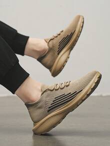 Giày thể thao dệt kim thời trang nam thiết kế sọc & khối màu, kiểu dáng slip-on có dây buộc, giày chạy bộ nhẹ, thoáng khí, thoải mái, thích hợp cho các cặp đôi - Màu Khaki - Xem 8