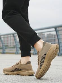 Giày thể thao dệt kim thời trang nam thiết kế sọc & khối màu, kiểu dáng slip-on có dây buộc, giày chạy bộ nhẹ, thoáng khí, thoải mái, thích hợp cho các cặp đôi - Màu Khaki - Xem 5