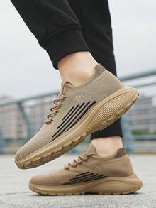Giày thể thao dệt kim thời trang nam thiết kế sọc & khối màu, kiểu dáng slip-on có dây buộc, giày chạy bộ nhẹ, thoáng khí, thoải mái, thích hợp cho các cặp đôi - Màu Khaki - Xem 7