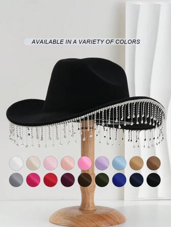 1pc Unique Sparkling Rhinestone Tassel Cowboy/Cowgirl Hat, Solid Color Casual Style, Suitable For Women/Men, Ideal For Western Themes, Parties, Engagements, Cosplay, Graduations, Masquerades, Festivals, Weddings, Birthdays And Music Events Halloween
