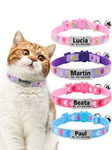 Customized Heart Pattern Pet Collar With Bell & Choke-Free Safety Buckle, Adjustable Size For Male/Female Cats Under 5kg