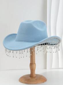 1pc Solid Color Unique Personality Sparkling Rhinestone Tassel Hat, With Shewee Cowgirl Hat, Suitable For Girlcore, Vintage, Floral, Spring Summer Bright Colors, Pink Aesthetic, Novel Punk Style Wide Brim BR Street Fashion, 2024 Wedding Essentials, Classy Aesthetic, Dinner Party Essentials, Suitable For Parties, Western-Themed Events, Gatherings, Engagement Parties, Cosplay, Graduation Ceremonies, Masquerades, Festivals, Weddings, Birthday Celebrations, Music Festivals, Coming-Of-Age Ceremonies Halloween