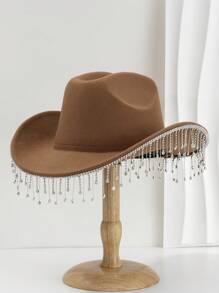 1pc Solid Color Unique Personality Sparkling Rhinestone Tassel Hat, With Shewee Cowgirl Hat, Suitable For Girlcore, Vintage, Floral, Spring Summer Bright Colors, Pink Aesthetic, Novel Punk Style Wide Brim BR Street Fashion, 2024 Wedding Essentials, Classy Aesthetic, Dinner Party Essentials, Suitable For Parties, Western-Themed Events, Gatherings, Engagement Parties, Cosplay, Graduation Ceremonies, Masquerades, Festivals, Weddings, Birthday Celebrations, Music Festivals, Coming-Of-Age Ceremonies Halloween