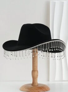 1pc Solid Color Unique Personality Sparkling Rhinestone Tassel Hat, With Shewee Cowgirl Hat, Suitable For Girlcore, Vintage, Floral, Spring Summer Bright Colors, Pink Aesthetic, Novel Punk Style Wide Brim BR Street Fashion, 2024 Wedding Essentials, Classy Aesthetic, Dinner Party Essentials, Suitable For Parties, Western-Themed Events, Gatherings, Engagement Parties, Cosplay, Graduation Ceremonies, Masquerades, Festivals, Weddings, Birthday Celebrations, Music Festivals, Coming-Of-Age Ceremonies Halloween