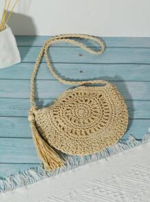 Mori Girl Hand-Woven Beach Fringe Cross-Body Straw Bag - Beige - View 1