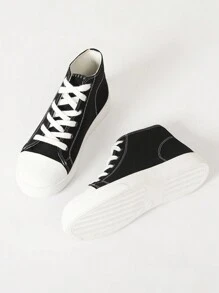 One Pair Of Girls' Fashionable Classic Comfortable Solid Color Lace-Up High-Top Canvas Sneakers. Suitable For All Seasons, Casual Sports Shoes For College Style And Street Style Outfits.